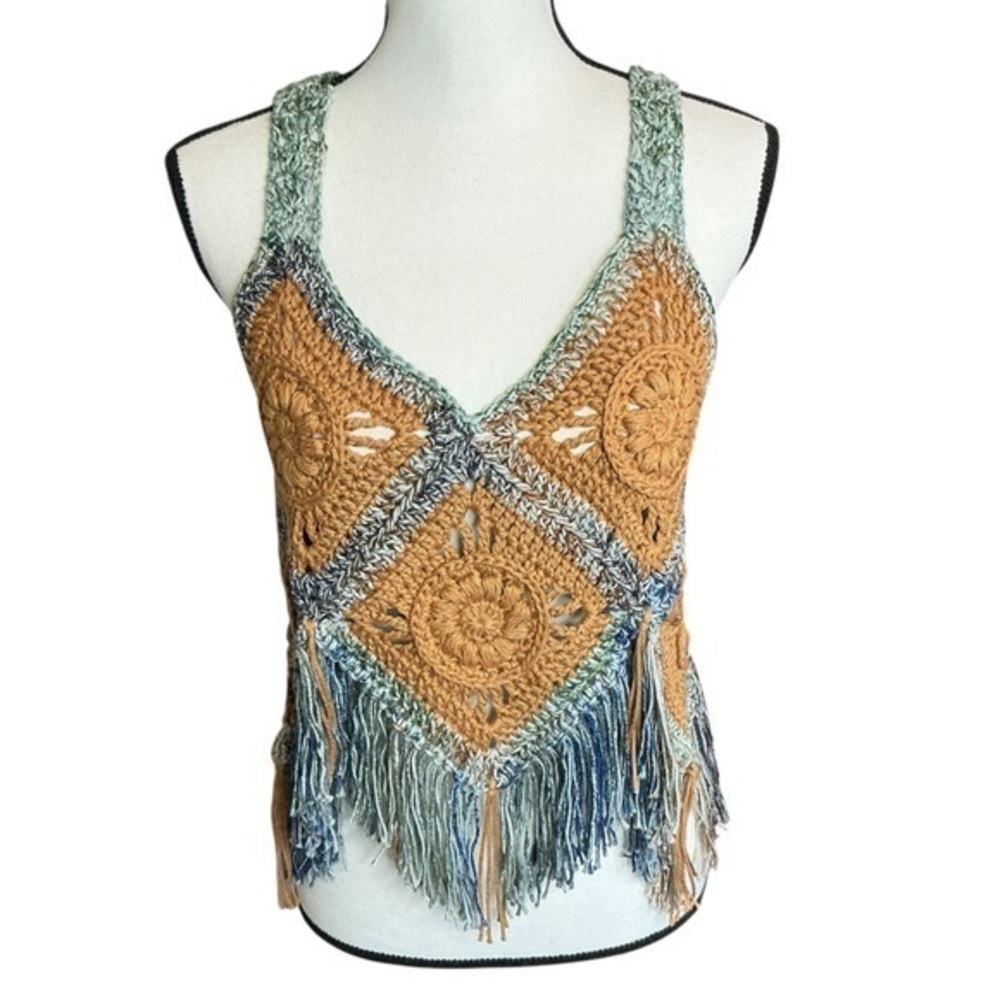 Festival Fringe Cropped‎ Tank Top Handcrafted Crochet Granny Squared Cotton Knit